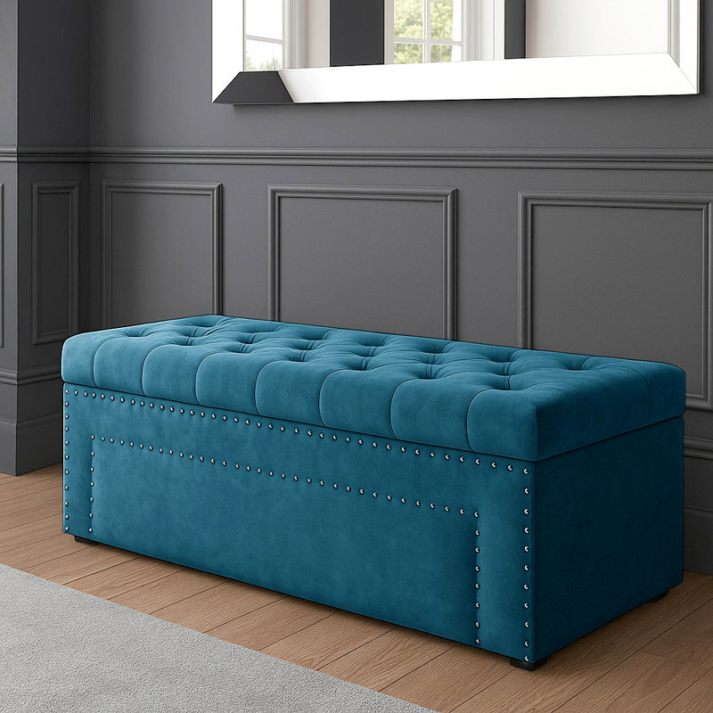 Duke Ottoman Storage Box - Chesterfield Upholstered Blanket Box - Plush Velvet Ottoman Bench with Storage, Emerald Green