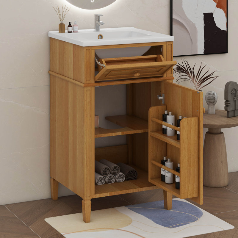 20 Inch Bathroom Vanity With Ceramic Sink Set Combo,Modern Rustic Style Adjustable Shelf Tilt-Out Drawer