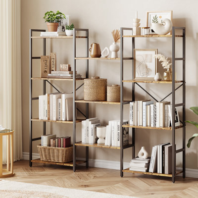 Rustic Industrial Triple Column 4-Tier Open Bookshelf, Freestanding Adjustable Wide Storage Bookcase, Space-Saving Display Organizer Rack for Living Room, Home Office & Study Decor Storage