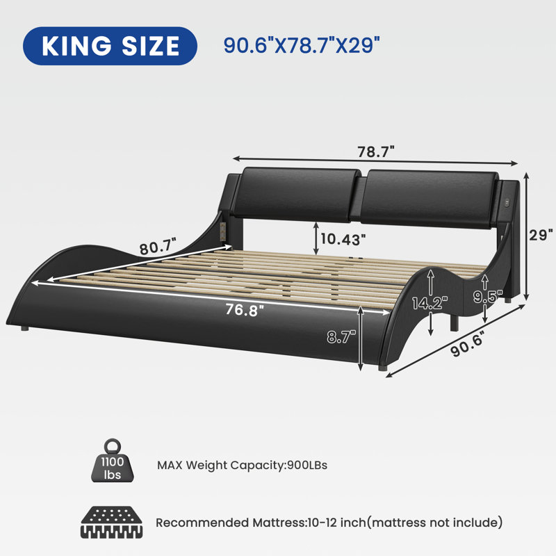 Led Bed Frame With Charging Ports And Headboard Modern Low Profile Platform Bed Frame With Led Lights Wave Like Curve Led Bed Frame,wood Slats Support,easy Assembly,black