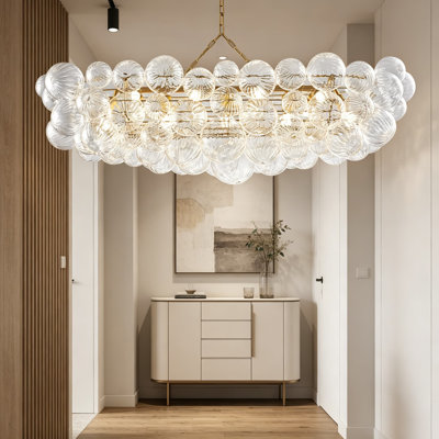 Lustre Mid-Century moderne en verre bullé, luminaire rectangulaire pour îlot de 50 pouces, boules en verre soufflé tourbillonné à nervures transparentes, luminaire suspendu pour le salon, la salle à manger et la cuisine