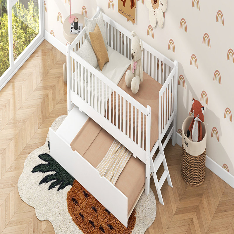 Lit plateforme en bois avec garde-corps et lit gigogne, White