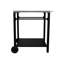 Chariot de barbecue extérieur avec configuration à 2 niveaux, plateau en acier inoxydable, cadre noir, grandes roues, crochets à outils, table de préparation pour barbecue, cour arrière, four à pizza, capacité de rangement