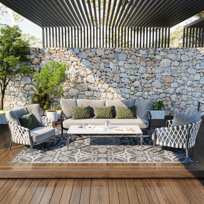 Waterproof Outdoor Rug Carpet, 9' X 12', Gray & White Floral. For Backyard, Deck, Picnic, Beach, Rv Camping. Reversible, Portable With Carry Bag, And