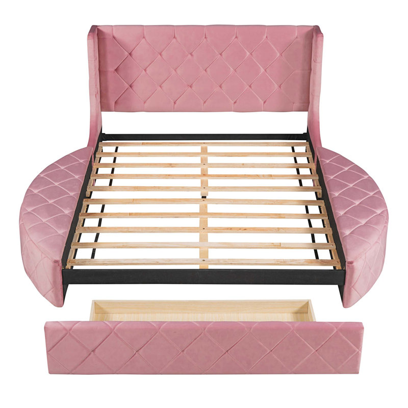 Upholstered Platform Bed Storage Velvet Bed with Wingback Headboard and 1 Big Drawer,2 Side Storage Stool, Pink