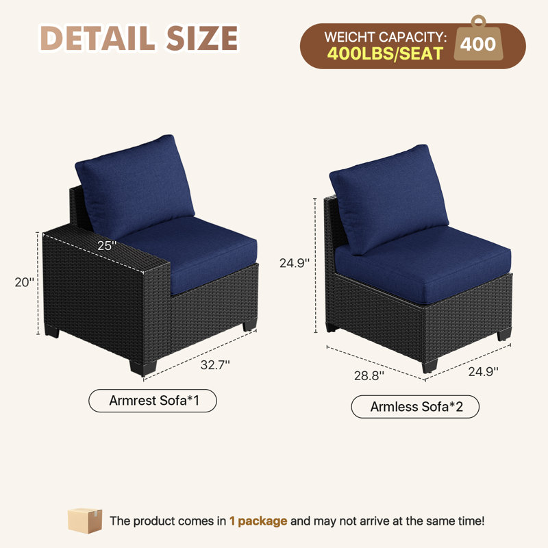 Patio Safo pour 3 personnes avec coussins, Bleu marine, Noir