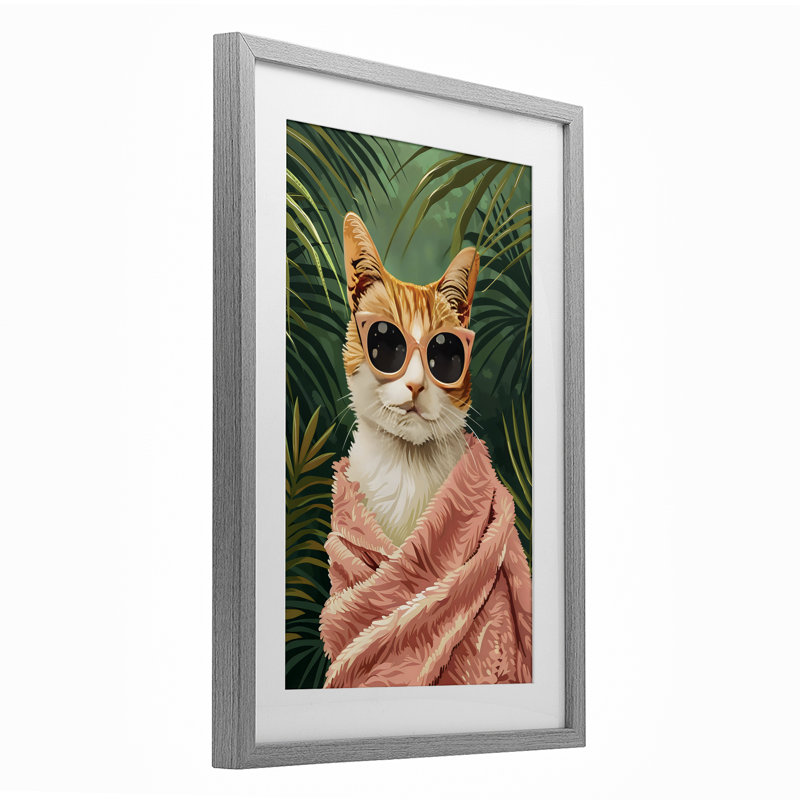 Cozy Cat and Tropical Plants, reproduction encadrée sous verre, design par LSR Design Studio, Cadre de ferme gris