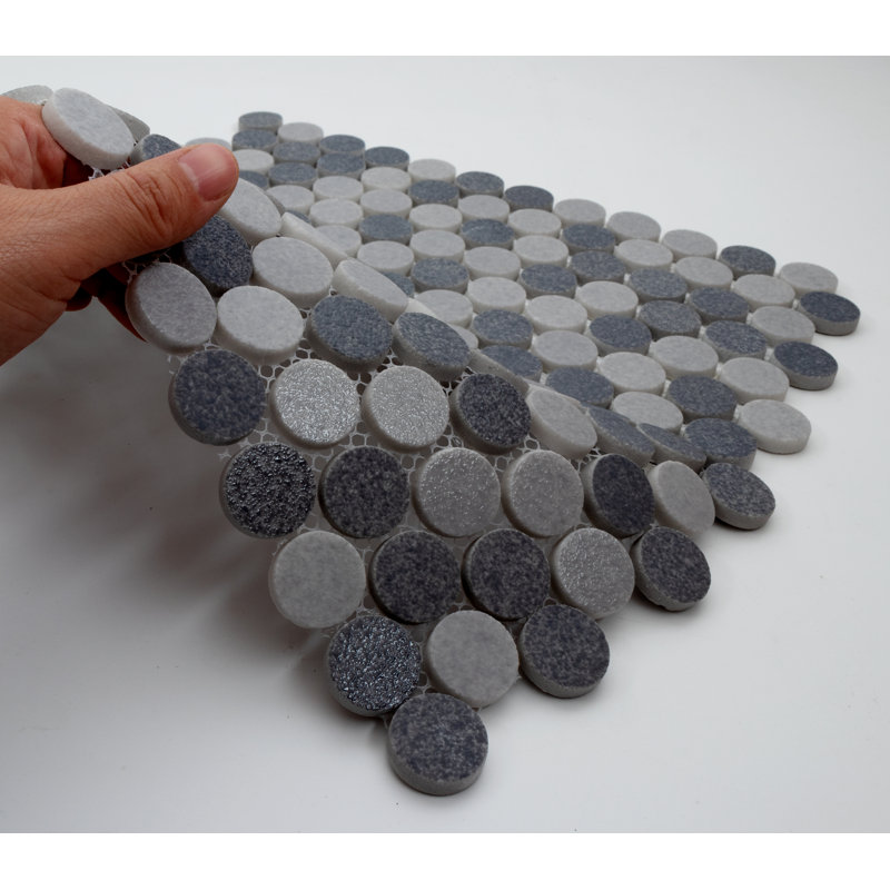 Carreau de mosaïque rond pour mur et plancher en verre 0,9 po x 0,9 po Gaia, Teintes de gris