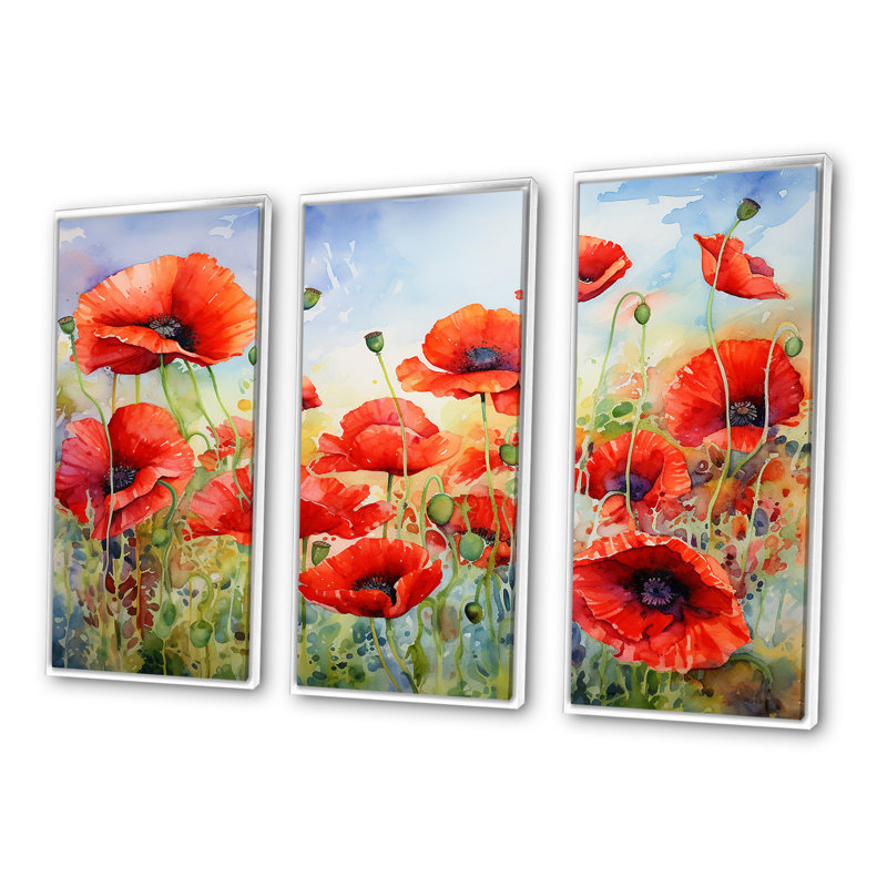 Radiant Red Poppies Pulse I - ensemble d'art mural sur toile coquelicots, Cadre flottant blanc, H 40 po x l 60 po x P 1 po