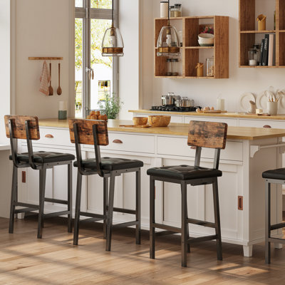 17 Stories Bar Stools with Backrest, 16.5'' Square Pu Upholstered Barstools for Kitchen Island
