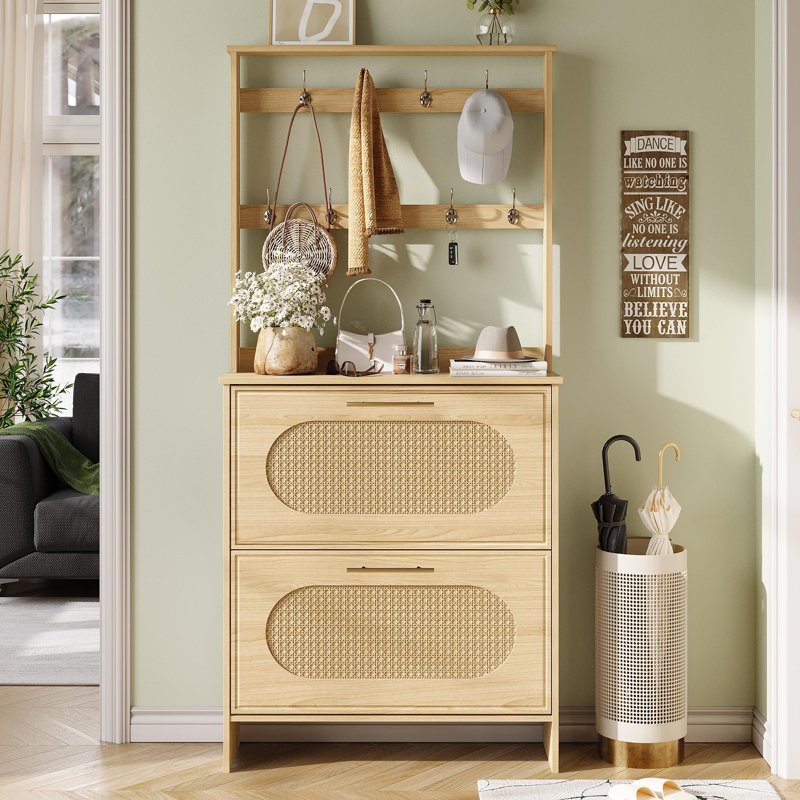 Shoe Cabinet With 2 Flip Drawers, Oak