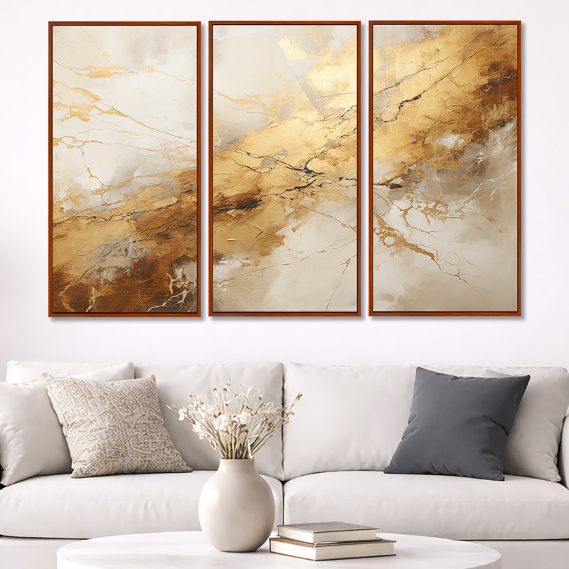 «Beige and Gold Marble Lightning I», ensemble d'art mural sur toile à formes abstraites, H 40 po x l 60 po x P 1 po