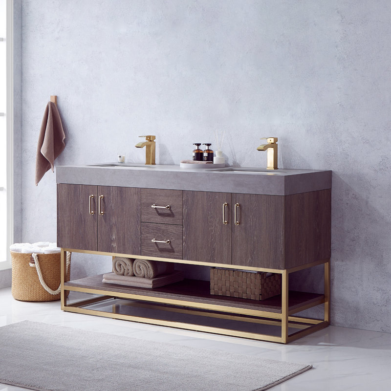 Ensemble de meuble-lavabo double 60 po Alistair, Or, Séquoia, Gris
