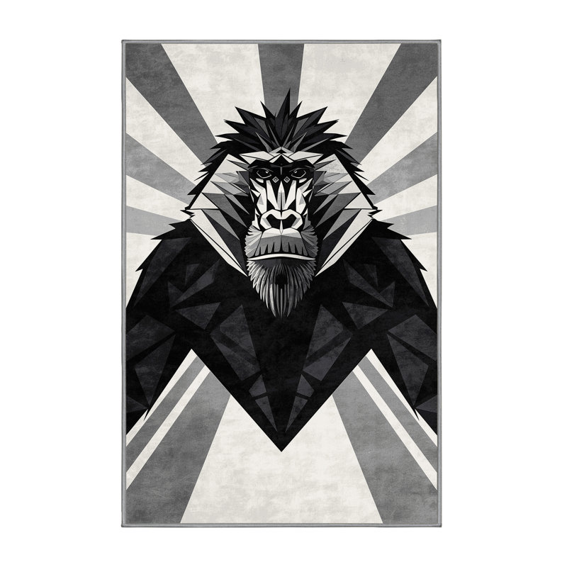 Machine Washable Pavli Baboon Modern Geometric Rug in Gray – Gray Binding, 5 x 8