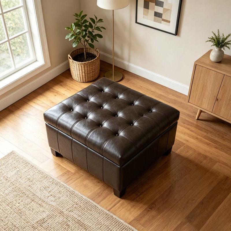 Repose-pieds de rangement carré en polyuréthane 30,25 po avec pieds en bois d'hévéa, Noir