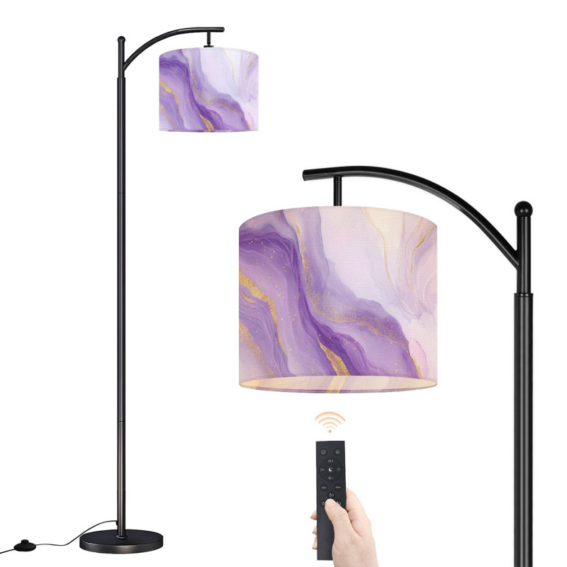 Lampe sur pied à arc avec abat-jour réglable Lavande mauve aquarelle liquide lignes dorées Lampe sur pied violet pastel 3 températures de couleur à haut gradateur avec interrupteur au pied pour la chambre à coucher