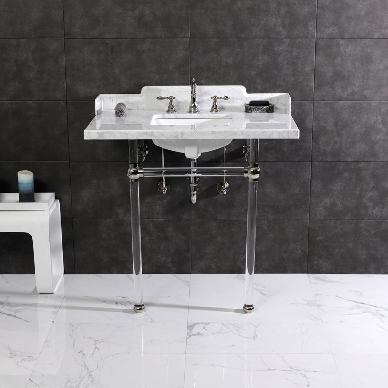 Kingston Brass Pemberton 36-Inch Carrara Marble Console Sink with Acrylic Legs (8-Inch, 3-Hole), Marble White/Polished Nickel
