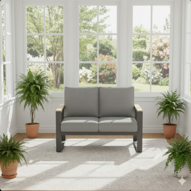 52" All-Weather Aluminum Patio Loveseat Sofa With Thick Gray Cushions, Gray
