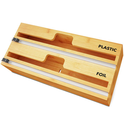 Organisateur 2 en 1 avec coupe et étiquettes, emballage en plastique, papier d'aluminium et distributeur de bambou de cire pour rouleau de 12 po (naturel)