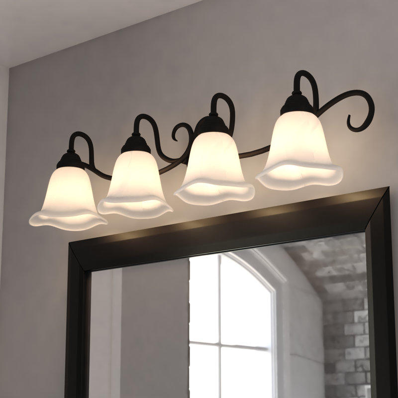 Bowker 4-Light 37.5 In. Wide Matte Black Bathroom Vanity Lighting Fixture, White Alabaster Glass Shade, Dimmable, LED Compatible, Reversible Over The Mirror Mounted Metal Wall Sconce