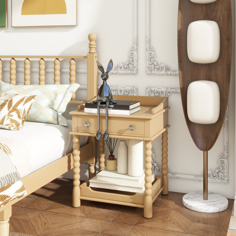 Retro Style Nightstand With Drawer And Open Shelf For Bedroom, Bedside Table With Turned Legs And Metal Handle,, Nutural