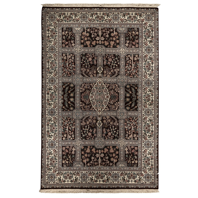 Tapis gris / noir / beige / vert noué à la main de haute qualité