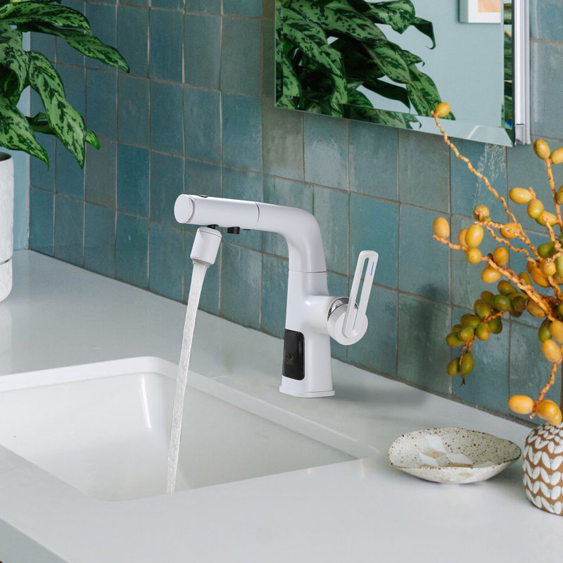 9.53" H Solid Brass Pull Down Bathroom Sink Faucet With 360° Swivel Sprayer And Digital Display, Copper
