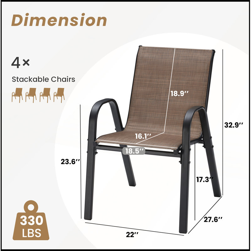 Set of 4 Stackable Outdoor Dining Chairs with Durable Metal Frame for All-Weather Use, 4, Brown