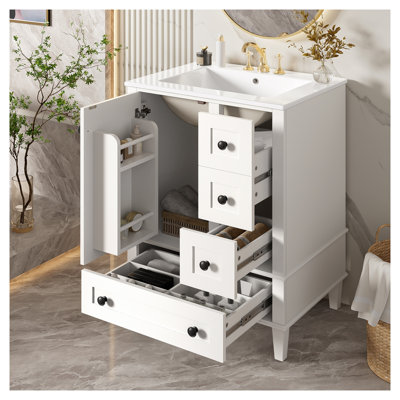 24" White Bathroom Vanity with Integrated Ceramic Basin, Solid Wood and MDF Freestanding Unit