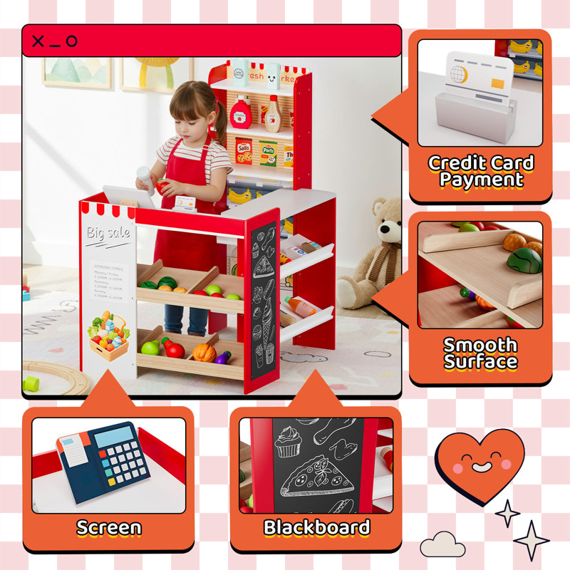 Kids Pretend Play Grocery Store Playset, Wooden Supermarket Toy Set, Toddler Market Checkout Stand With Chalkboard, Cash Register, Display Shelves, Play Food Accessories