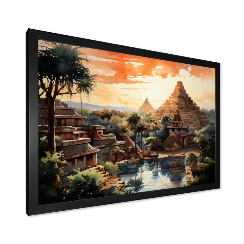 «Teotihuacan Sunrise Impressionism II», art mural Mexique, Cadre simple noir, H 16 po x l 32 po x P 1 po