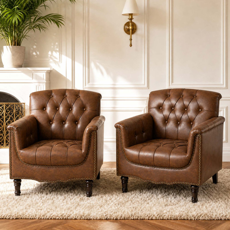 Enoks Tufted Leather Armchair, Brown Faux Leather