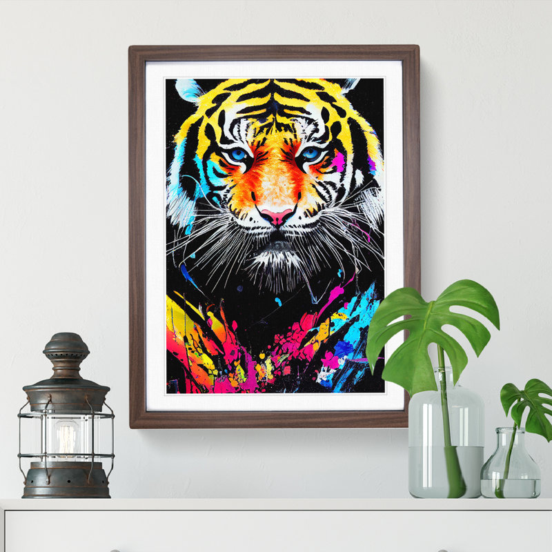 Painted Tiger No.1 Abstract - Wall Art, 48cm H x 36cm W, Walnut Framed, White
