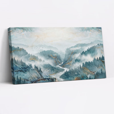 Tableau sur toile représentant une vallée fluviale de montagne brumeuse avec des pins