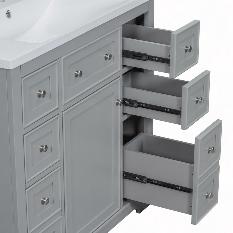 Ensemble de meuble-lavabo 36 po avec lavabo, une armoire et six tiroirs, bois massif et panneau de fibres à densité moyenne