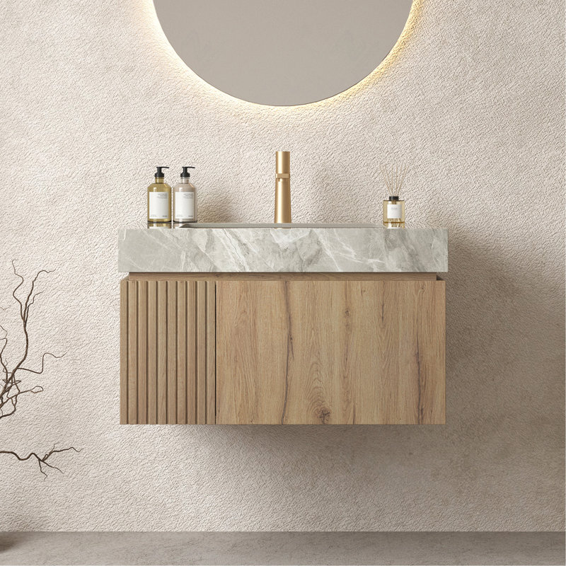 Meuble-lavabo 30 po, meuble de rangement flottant en contreplaqué avec tiroir et porte, comptoir en pierre frittée gris clair et lavabo en céramique avec 1 trou de robinet pré-percé, blanc pré-assemblé