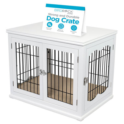 Wooden Dog Crate Furniture with Cushion - 32 Inch Medium Dog Kennel with Double Doors - Indoor Decorative Pet House End Table for Small and Medium Pets (White)