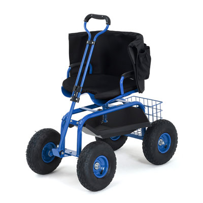 Rolling Garden Seat, Heavy Duty Work Stool, 10" Wheels, Swivel, Adjustable, with Tool Tray, Gentian Blue
