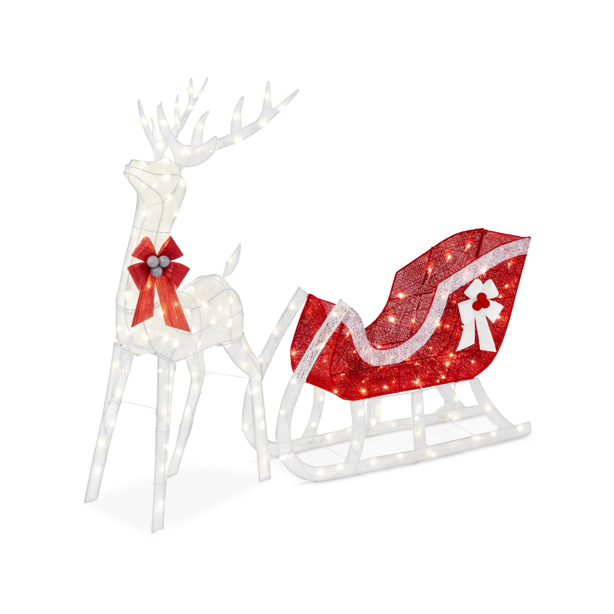 Reindeer Sleigh Yard Lighted Display, White, 48"H x 62"W x 10"D