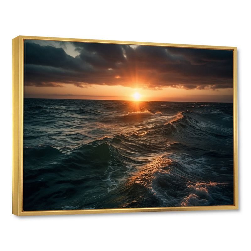 Coucher de soleil sur l'océan - Imprimé, H 24 po x l 32 po x P 1 po, Cadre flottant doré