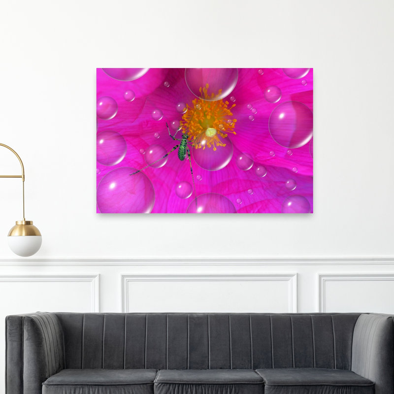 Green Insect Dewy Petals Delicate Vibrant Contemporary Flower Nature Wall Art Print 1 Piece Wrapped Canvas Wall Art