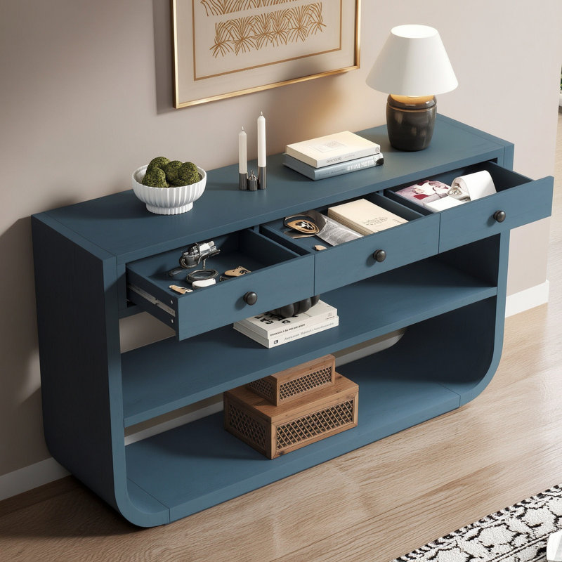 Console Classic Design avec 3 tiroirs et 2 tablettes ouvertes, Blue