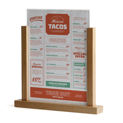 Porte-menu de bureau contemporain avec pochette en U en acrylique, porte-affiche pour tableau, cadre de pub pour restaurant, magasin, mariage, fête, événement (paquet de 2) (bois naturel, 8,5 x 11)