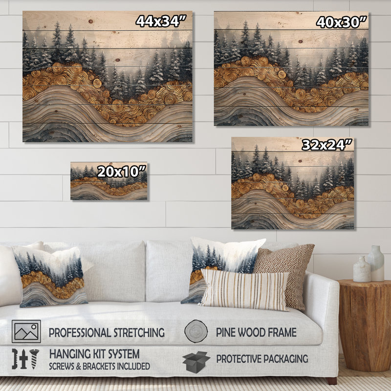 Hiver, chemin forestier de la rivière Crystal II - décoration murale en bois forêt - sur bois de pin naturel