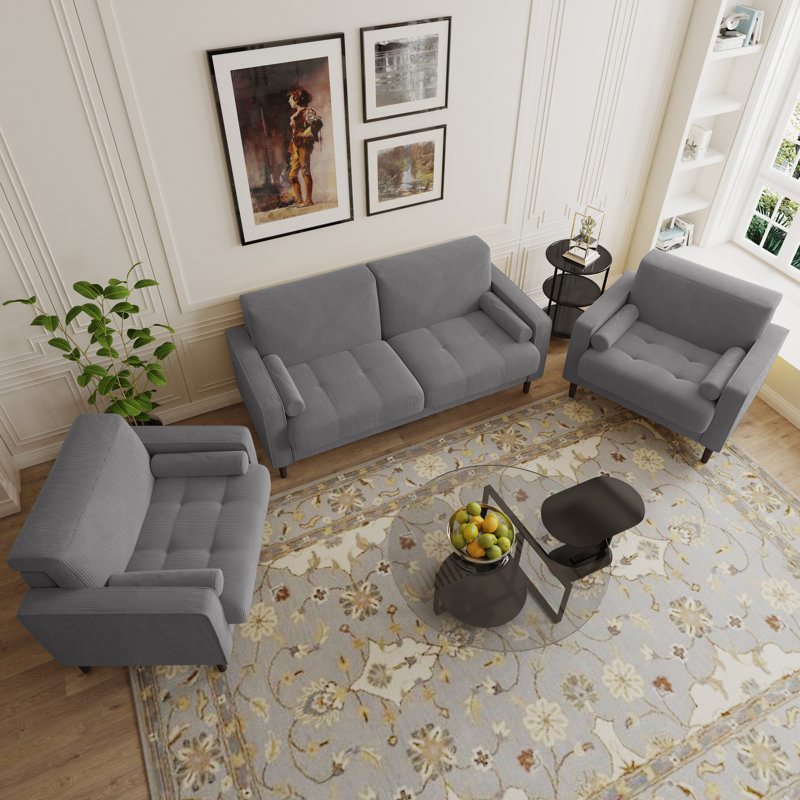 Carmelinda 3 Piece Sofa Set, Light Grey