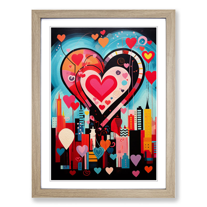 Love Heart Constructivism - Single Picture Frame Print on Wood, Oak Framed, 46cm H x 34cm W x 2cm D