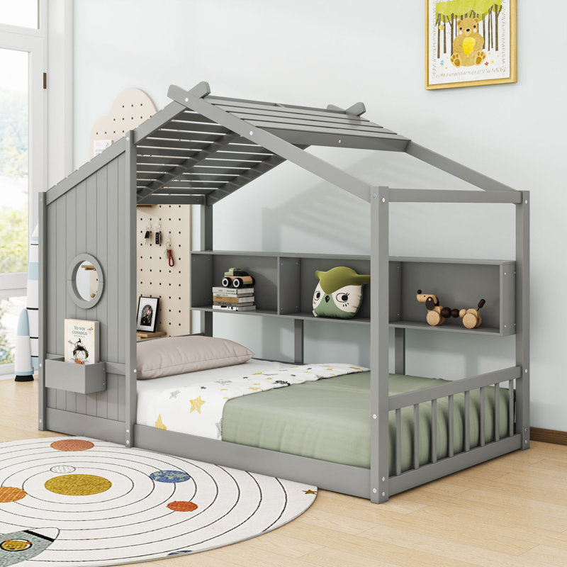 Lit maison en bois avec tablettes et lattes de rangement, Gris, Simple