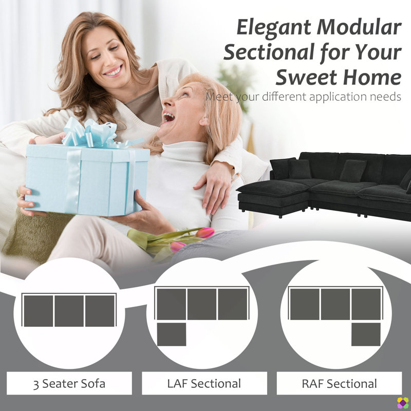 Doyle 110.2"W Modular LAF RAF Sectional, Sofa Couch, 3 Seater, Black Velvet 