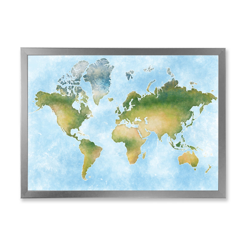 Carte du monde en vert et bleu - Cadre photo, impression sur toile, H 30 po x l 40 po x P 1,5 po, Cadre photo argenté
