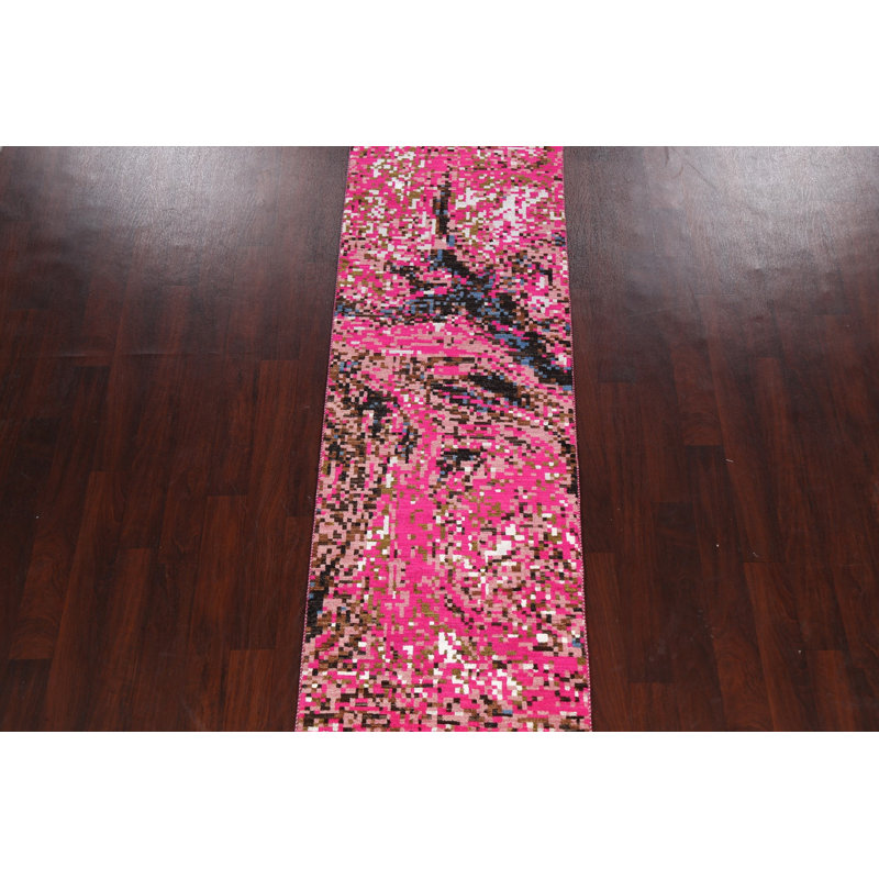 Tapis de couloir unique noué à la main 2 pi 7 po x 9 pi 11 po nouvel âge en rose / brun / bleu